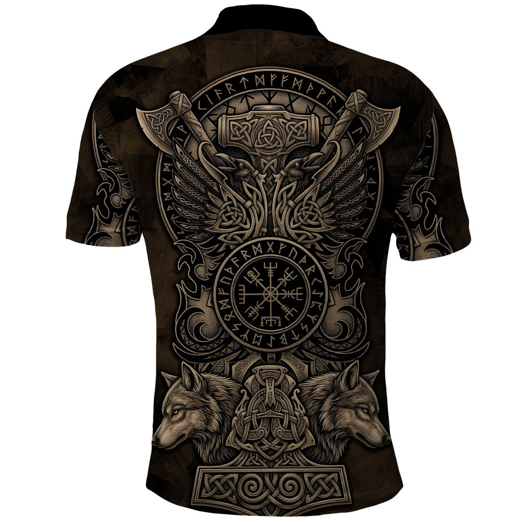 Viking Raven Wolf Vegvisir Polo Shirt Nordic Runic Engraving Style