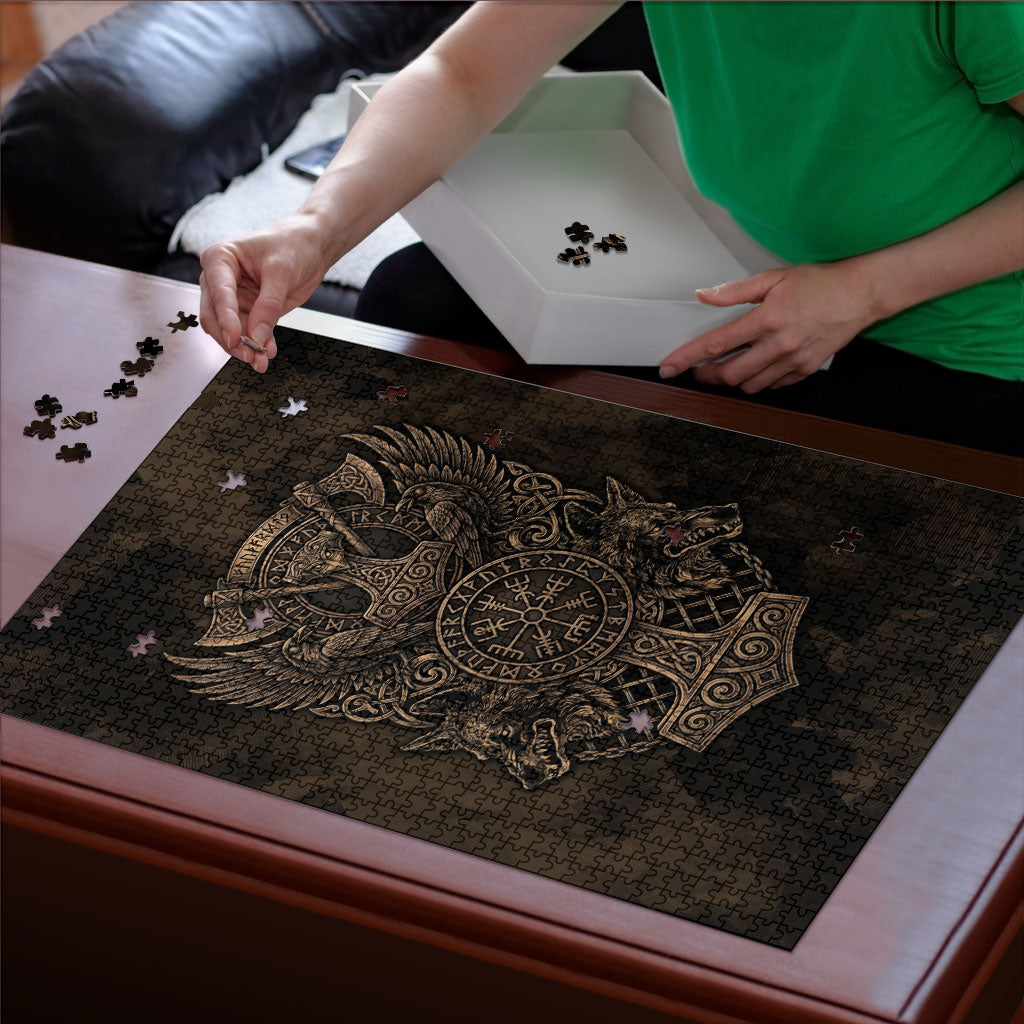 Viking Raven Wolf Vegvisir Puzzle Nordic Runic Engraving Style
