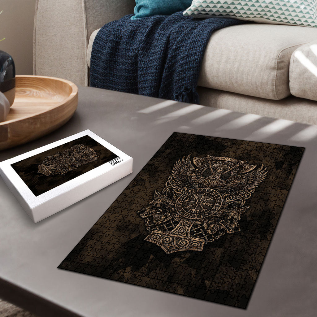Viking Raven Wolf Vegvisir Puzzle Nordic Runic Engraving Style