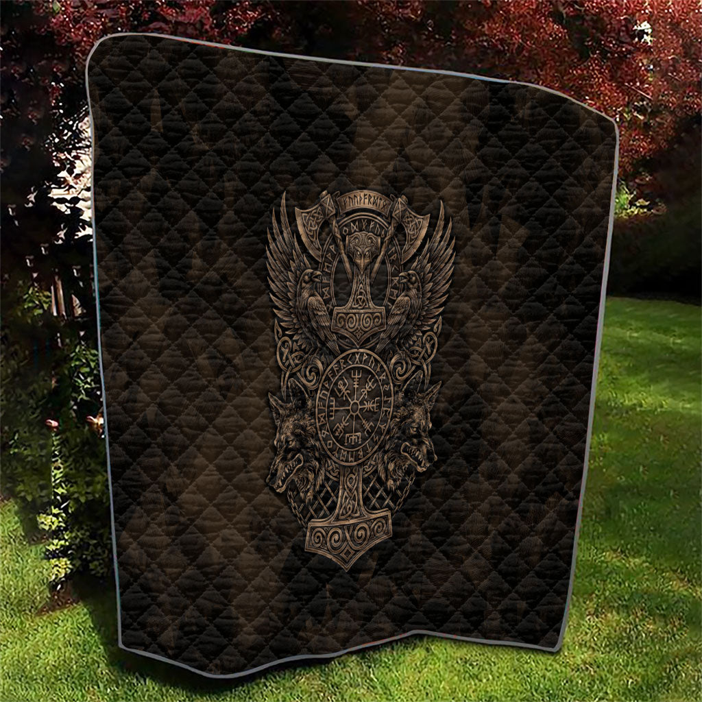 Viking Raven Wolf Vegvisir Quilt Nordic Runic Engraving Style