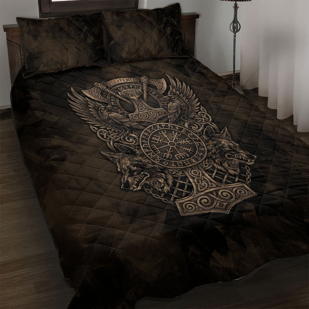 Viking Raven Wolf Vegvisir Quilt Bed Set Nordic Runic Engraving Style