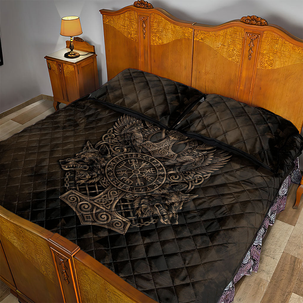 Viking Raven Wolf Vegvisir Quilt Bed Set Nordic Runic Engraving Style
