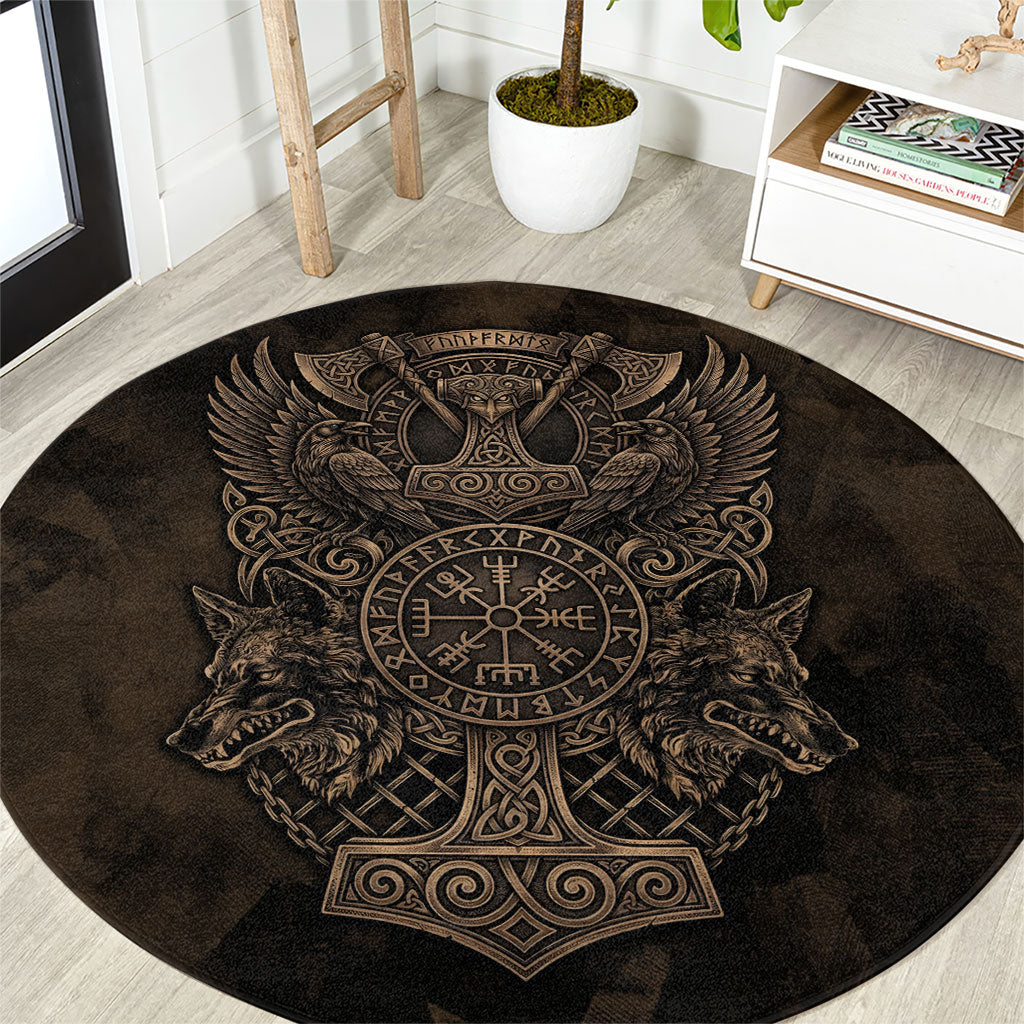 Viking Raven Wolf Vegvisir Round Carpet Nordic Runic Engraving Style