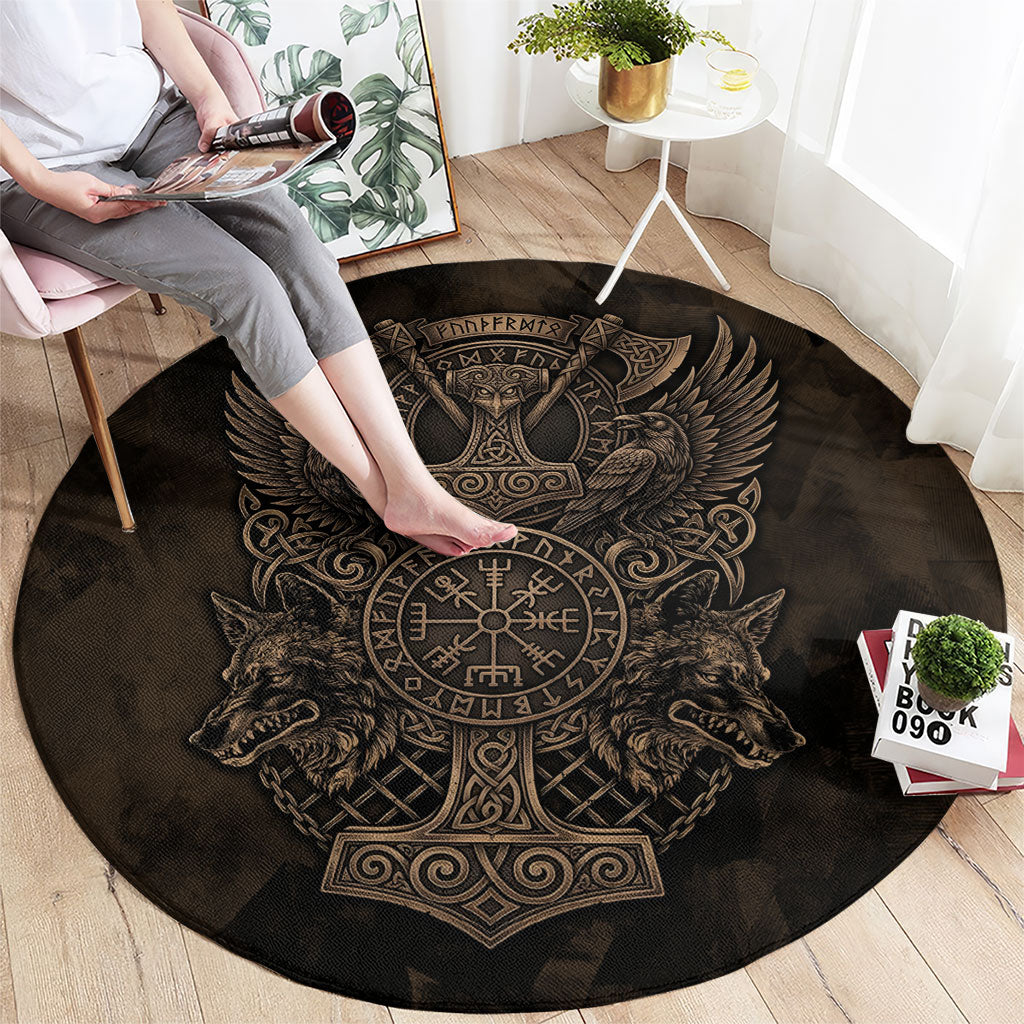 Viking Raven Wolf Vegvisir Round Carpet Nordic Runic Engraving Style