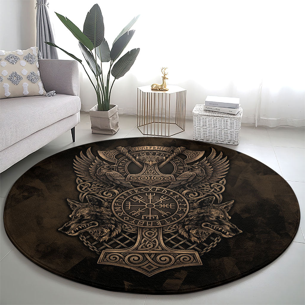 Viking Raven Wolf Vegvisir Round Carpet Nordic Runic Engraving Style