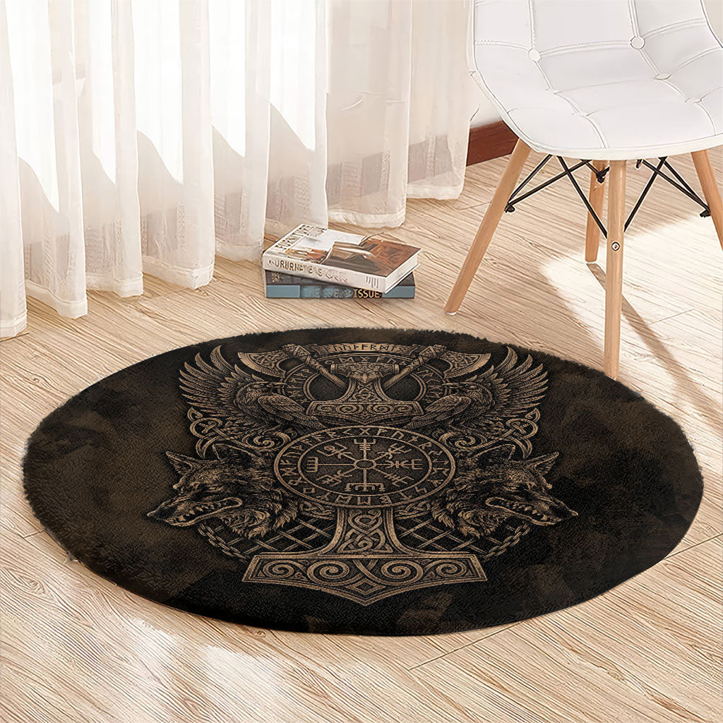 Viking Raven Wolf Vegvisir Round Carpet Nordic Runic Engraving Style