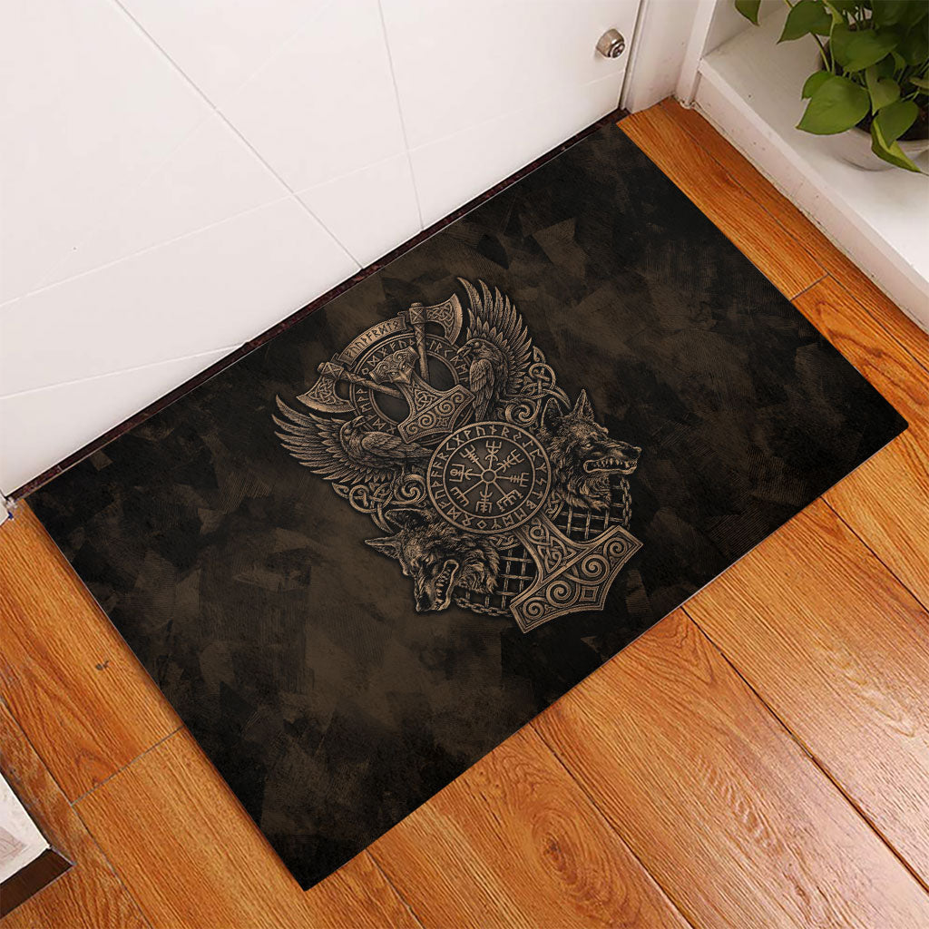 Viking Raven Wolf Vegvisir Rubber Doormat Nordic Runic Engraving Style