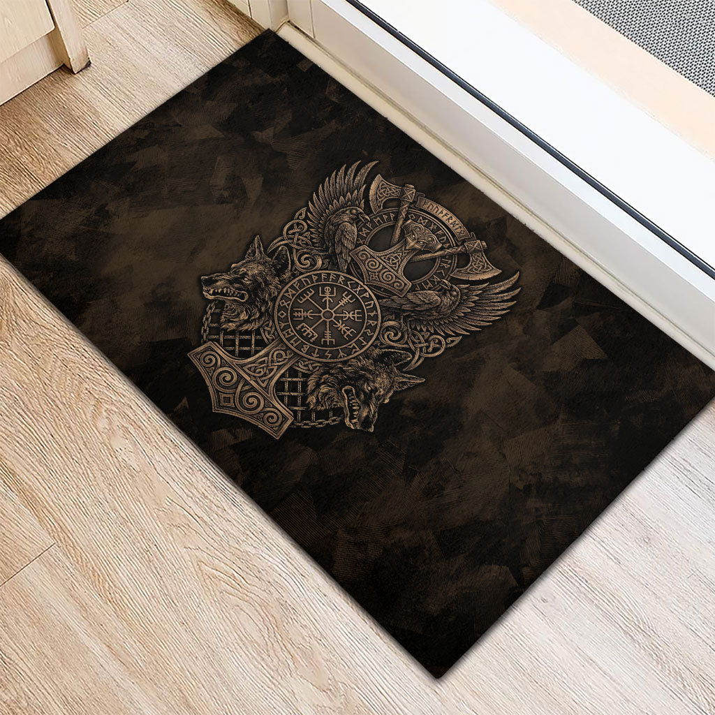 Viking Raven Wolf Vegvisir Rubber Doormat Nordic Runic Engraving Style