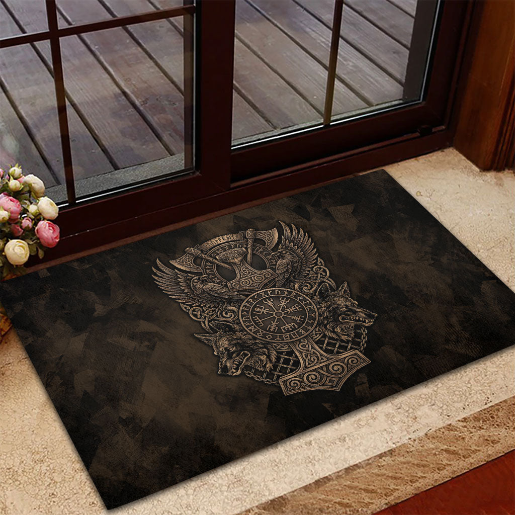 Viking Raven Wolf Vegvisir Rubber Doormat Nordic Runic Engraving Style