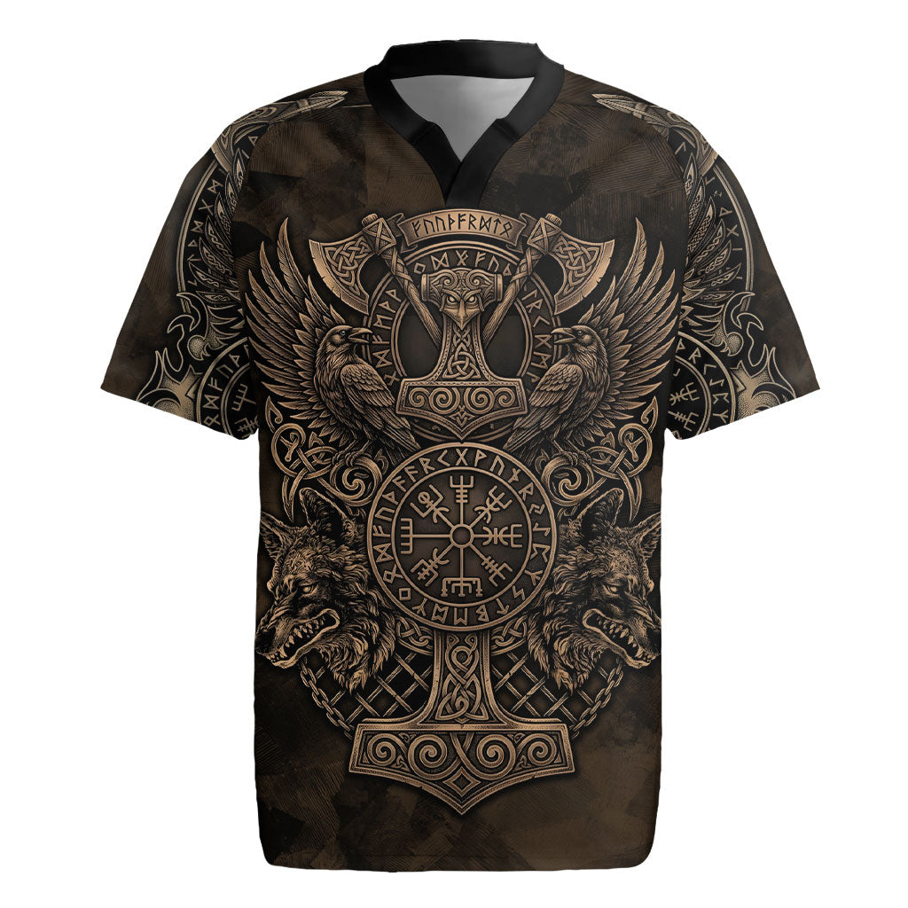 Viking Raven Wolf Vegvisir Rugby Jersey Nordic Runic Engraving Style