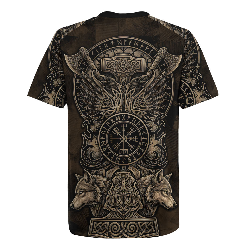 Viking Raven Wolf Vegvisir Rugby Jersey Nordic Runic Engraving Style