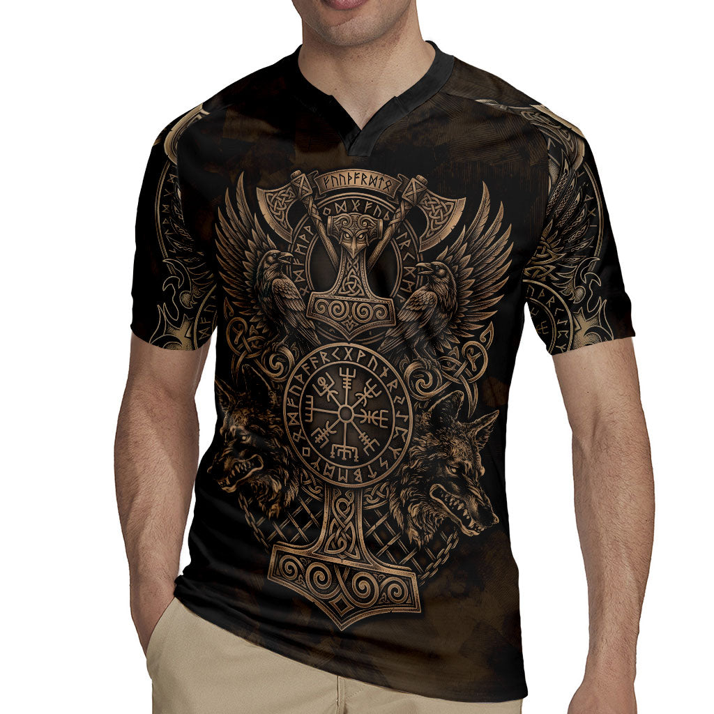 Viking Raven Wolf Vegvisir Rugby Jersey Nordic Runic Engraving Style