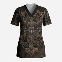Viking Raven Wolf Vegvisir Scrub Top Nordic Runic Engraving Style