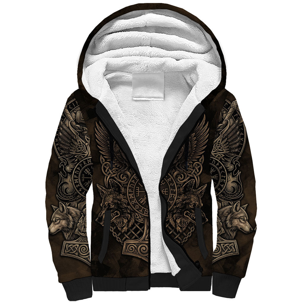 Viking Raven Wolf Vegvisir Sherpa Hoodie Nordic Runic Engraving Style