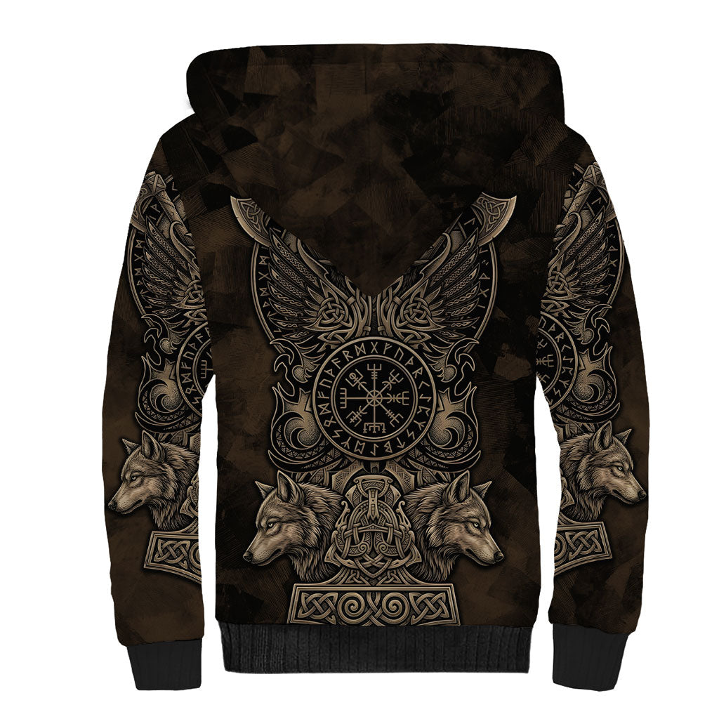 Viking Raven Wolf Vegvisir Sherpa Hoodie Nordic Runic Engraving Style