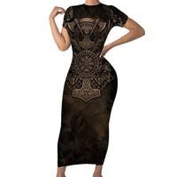 Viking Raven Wolf Vegvisir Short Sleeve Bodycon Dress Nordic Runic Engraving Style