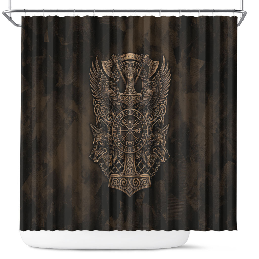 Viking Raven Wolf Vegvisir Shower Curtain Nordic Runic Engraving Style