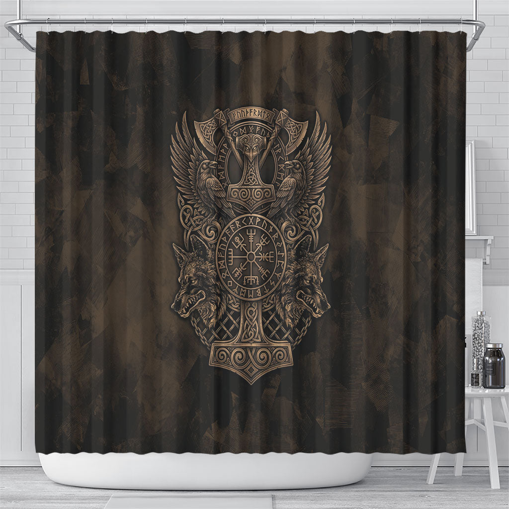 Viking Raven Wolf Vegvisir Shower Curtain Nordic Runic Engraving Style
