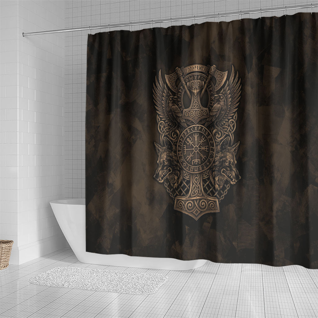 Viking Raven Wolf Vegvisir Shower Curtain Nordic Runic Engraving Style
