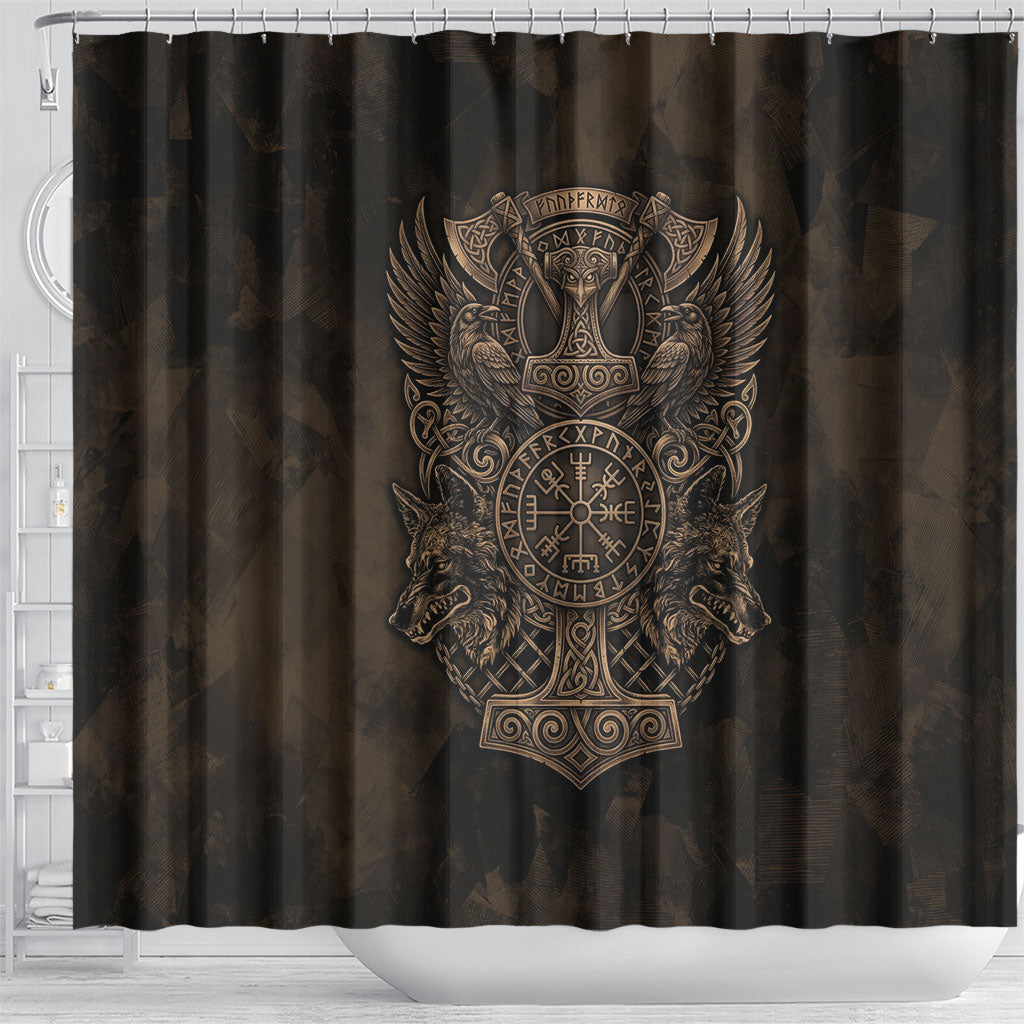 Viking Raven Wolf Vegvisir Shower Curtain Nordic Runic Engraving Style