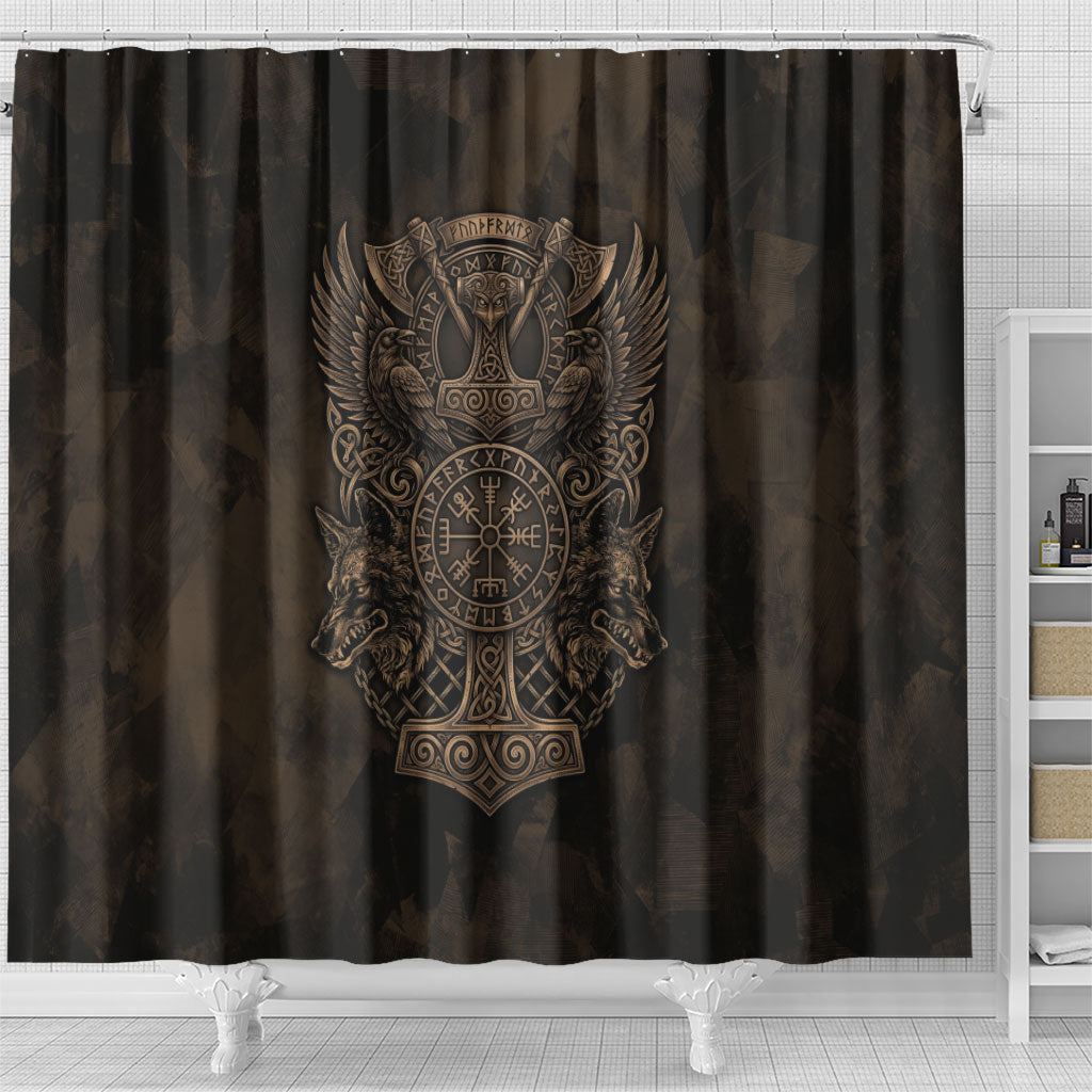 Viking Raven Wolf Vegvisir Shower Curtain Nordic Runic Engraving Style