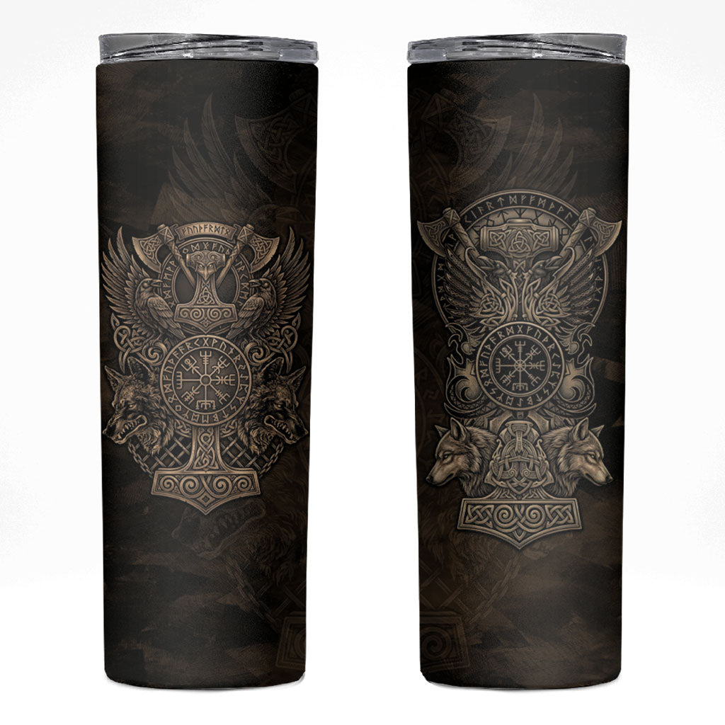 Viking Raven Wolf Vegvisir Skinny Tumbler Nordic Runic Engraving Style
