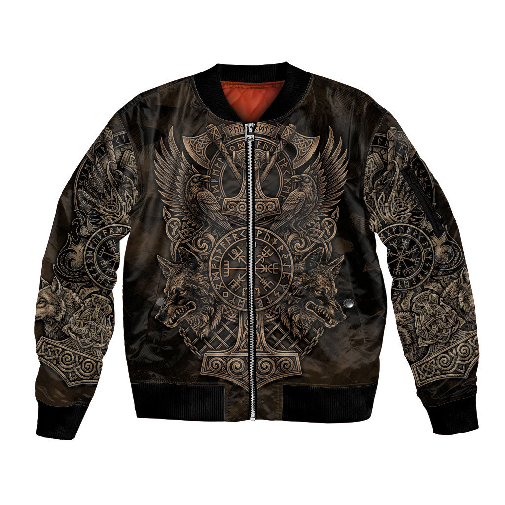 Viking Raven Wolf Vegvisir Sleeve Zip Bomber Jacket Nordic Runic Engraving Style
