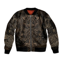 Viking Raven Wolf Vegvisir Sleeve Zip Bomber Jacket Nordic Runic Engraving Style