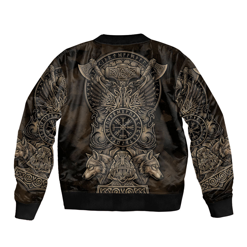 Viking Raven Wolf Vegvisir Sleeve Zip Bomber Jacket Nordic Runic Engraving Style
