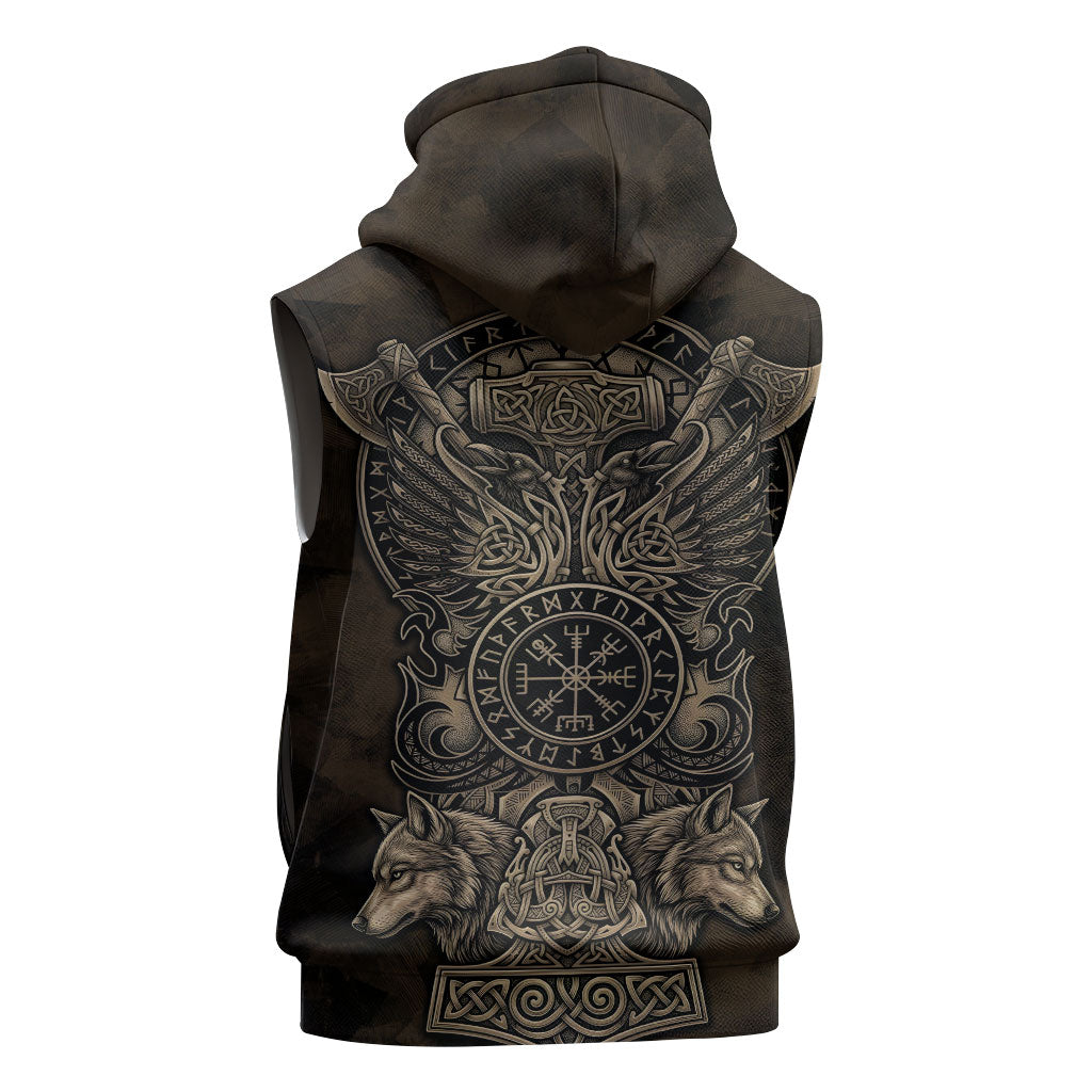 Viking Raven Wolf Vegvisir Sleeveless Hoodie Nordic Runic Engraving Style