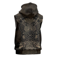 Viking Raven Wolf Vegvisir Sleeveless Hoodie Nordic Runic Engraving Style