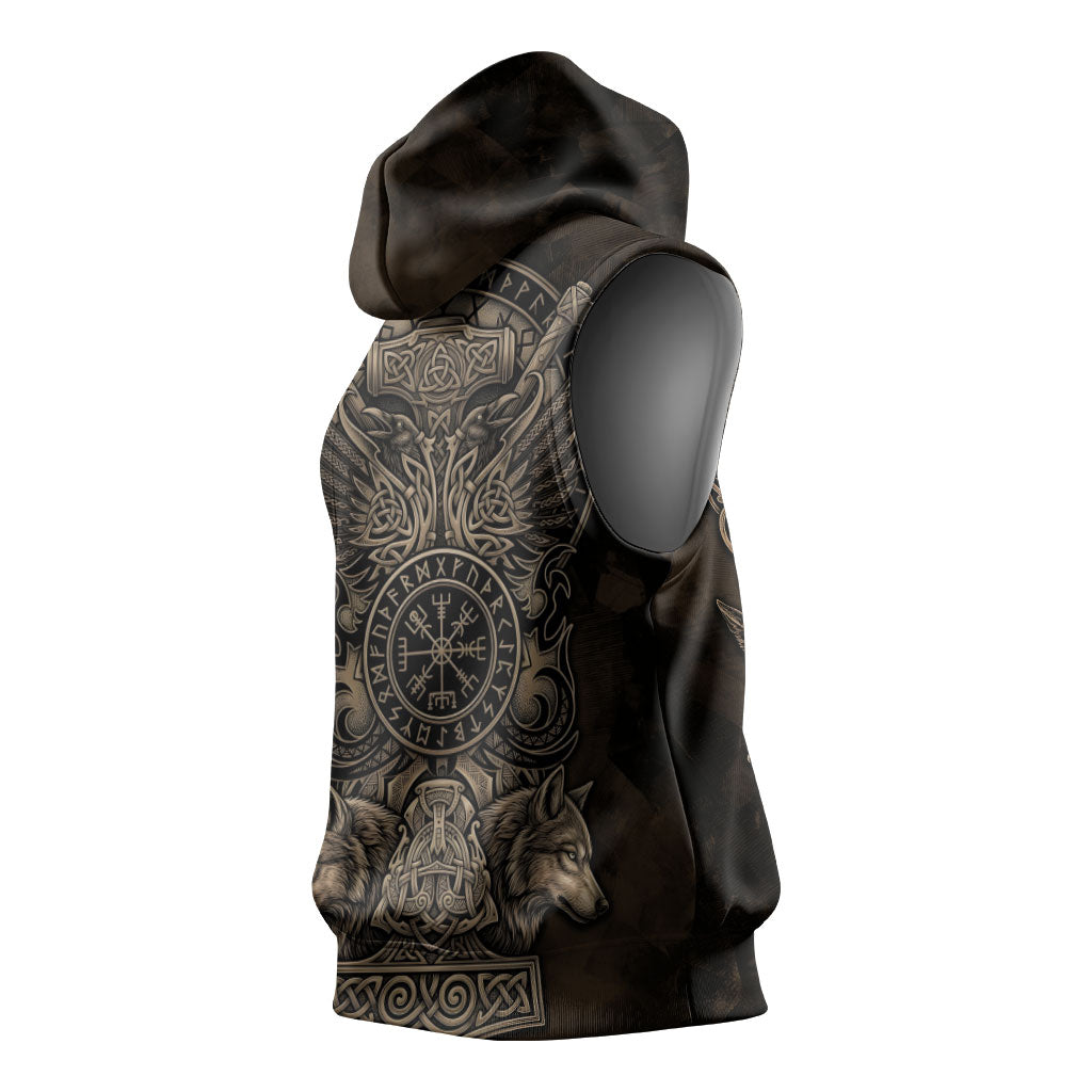 Viking Raven Wolf Vegvisir Sleeveless Hoodie Nordic Runic Engraving Style