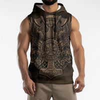 Viking Raven Wolf Vegvisir Sleeveless Hoodie Nordic Runic Engraving Style