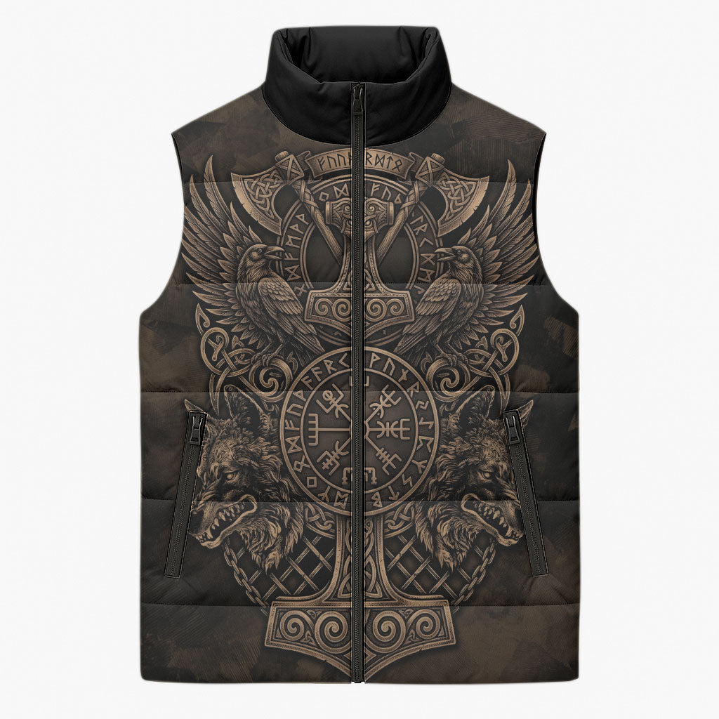 Viking Raven Wolf Vegvisir Sleeveless Puffer Jacket Nordic Runic Engraving Style