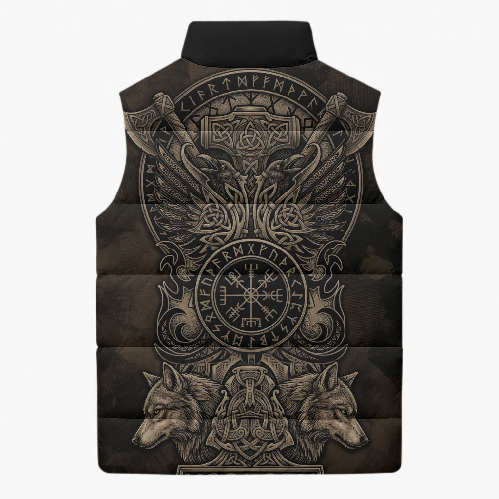 Viking Raven Wolf Vegvisir Sleeveless Puffer Jacket Nordic Runic Engraving Style