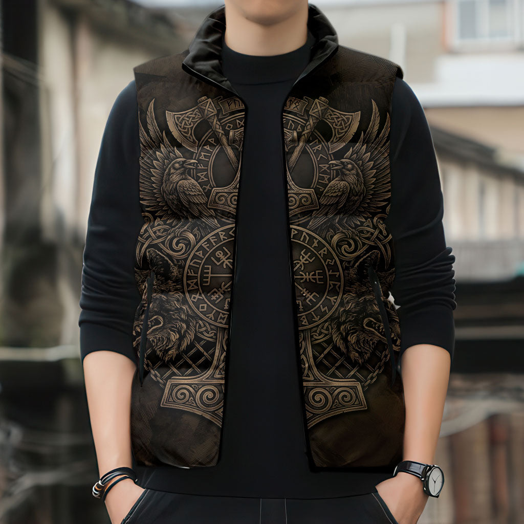 Viking Raven Wolf Vegvisir Sleeveless Puffer Jacket Nordic Runic Engraving Style
