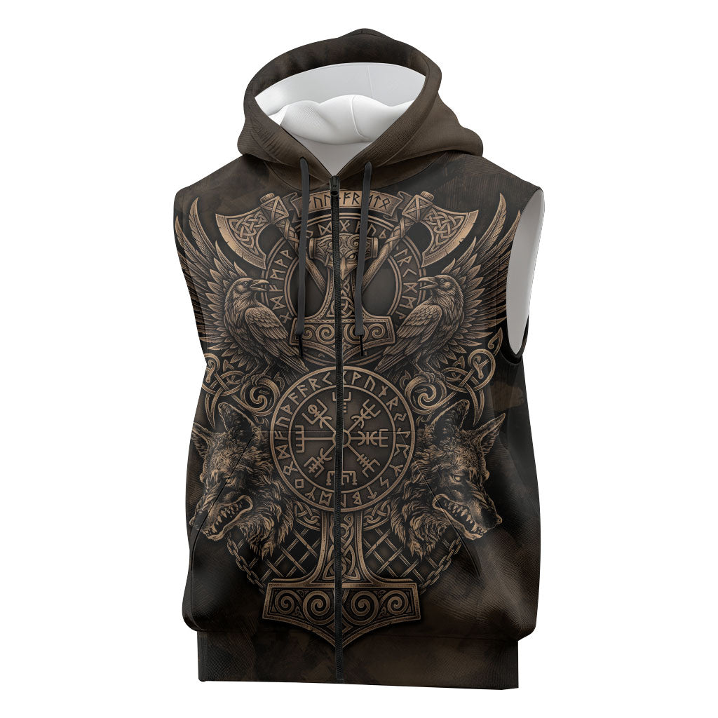 Viking Raven Wolf Vegvisir Sleeveless Zip Hoodie Nordic Runic Engraving Style