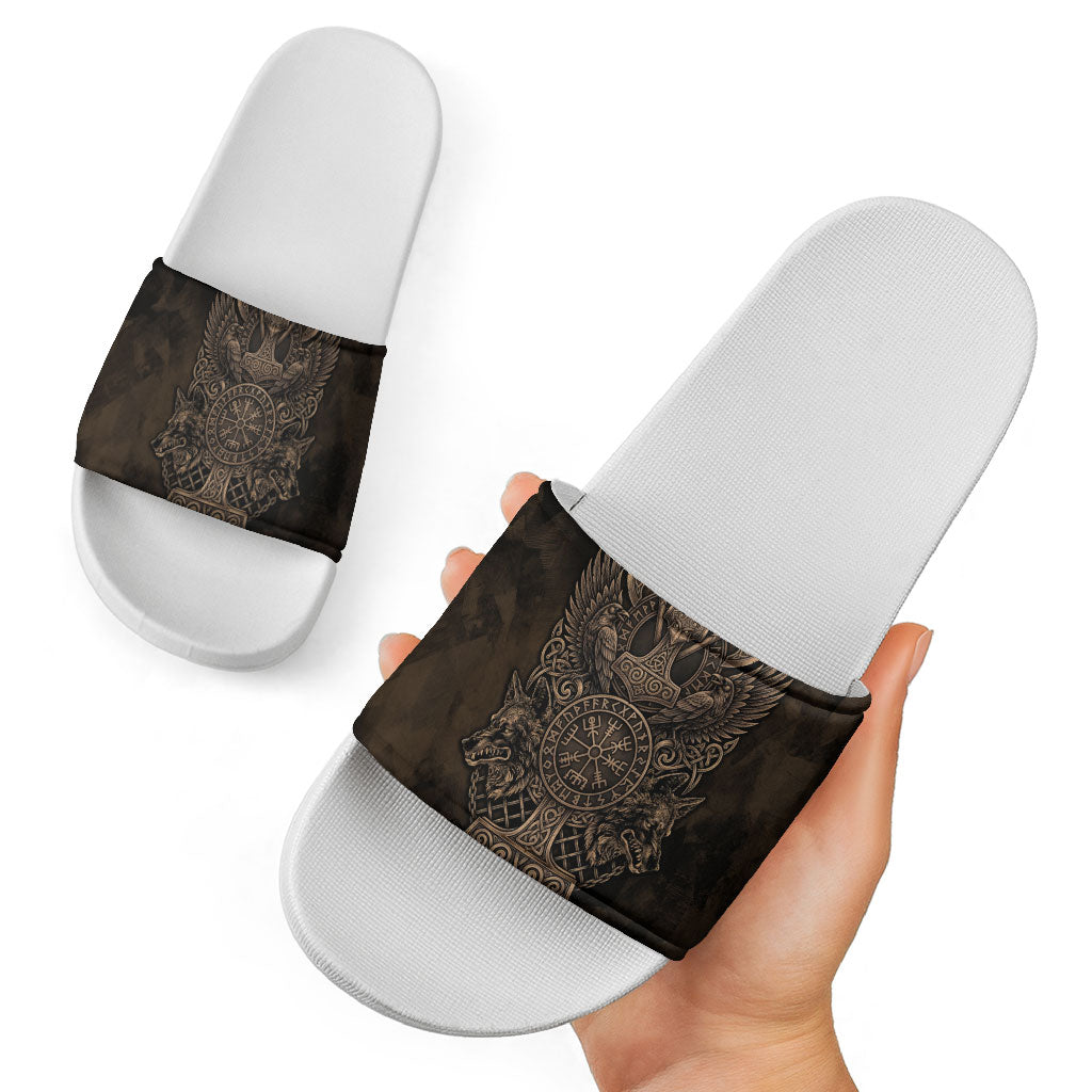 Viking Raven Wolf Vegvisir Slide Sandals Nordic Runic Engraving Style