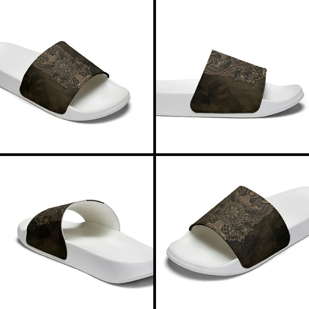 Viking Raven Wolf Vegvisir Slide Sandals Nordic Runic Engraving Style