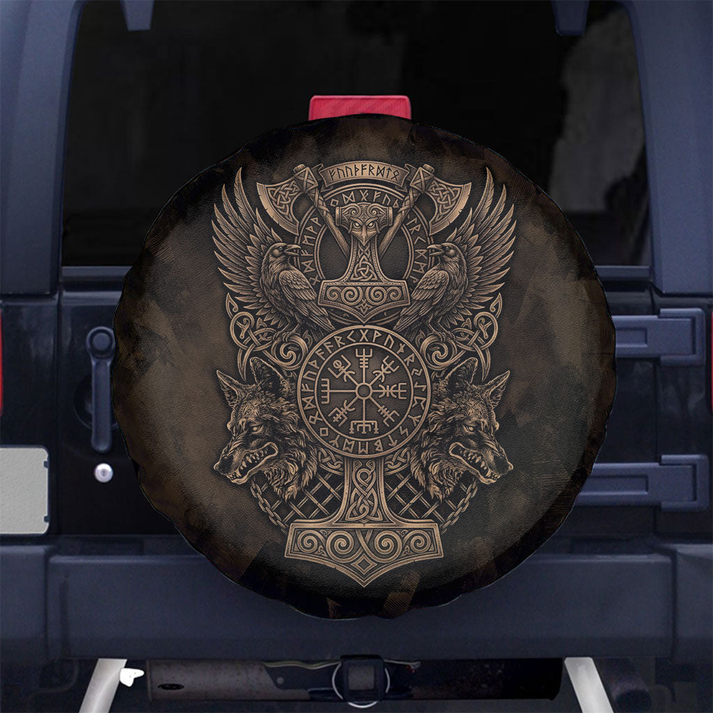 Viking Raven Wolf Vegvisir Spare Tire Cover Nordic Runic Engraving Style