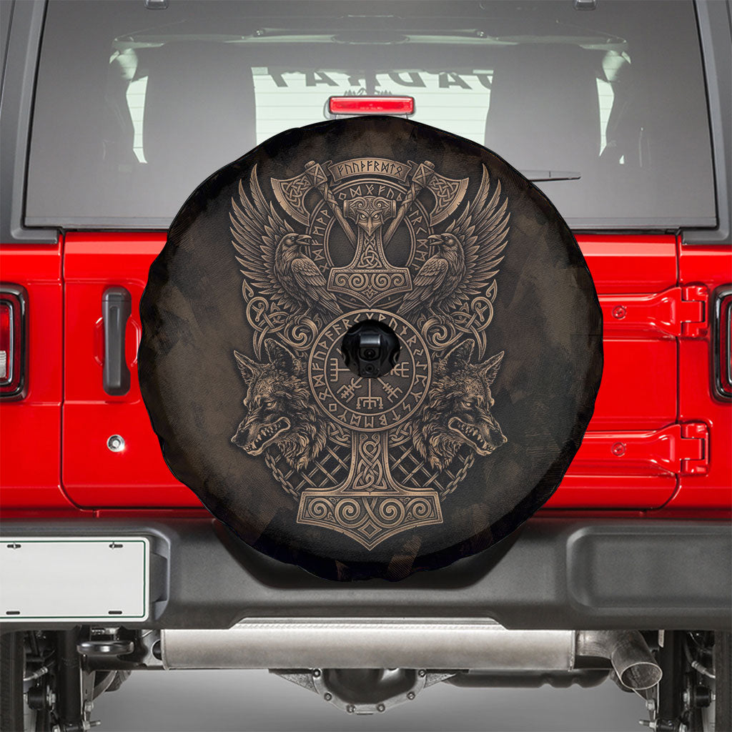 Viking Raven Wolf Vegvisir Spare Tire Cover Nordic Runic Engraving Style