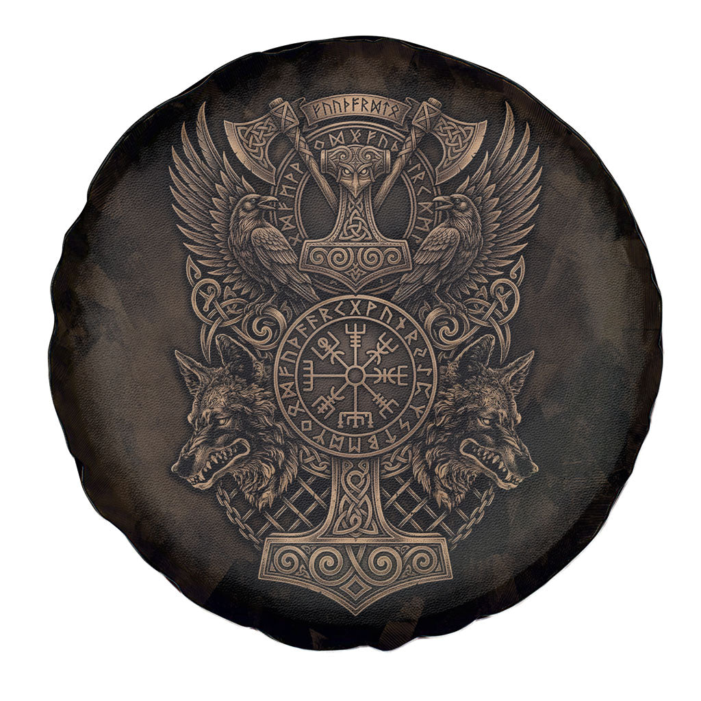 Viking Raven Wolf Vegvisir Spare Tire Cover Nordic Runic Engraving Style