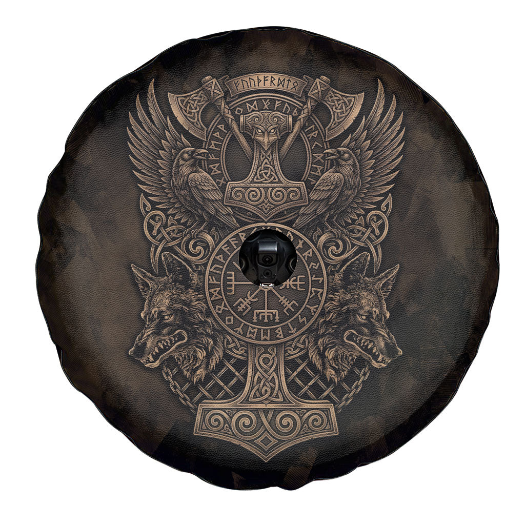 Viking Raven Wolf Vegvisir Spare Tire Cover Nordic Runic Engraving Style