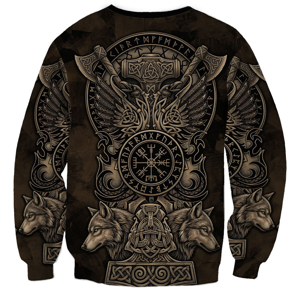 Viking Raven Wolf Vegvisir Sweatshirt Nordic Runic Engraving Style