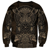 Viking Raven Wolf Vegvisir Sweatshirt Nordic Runic Engraving Style