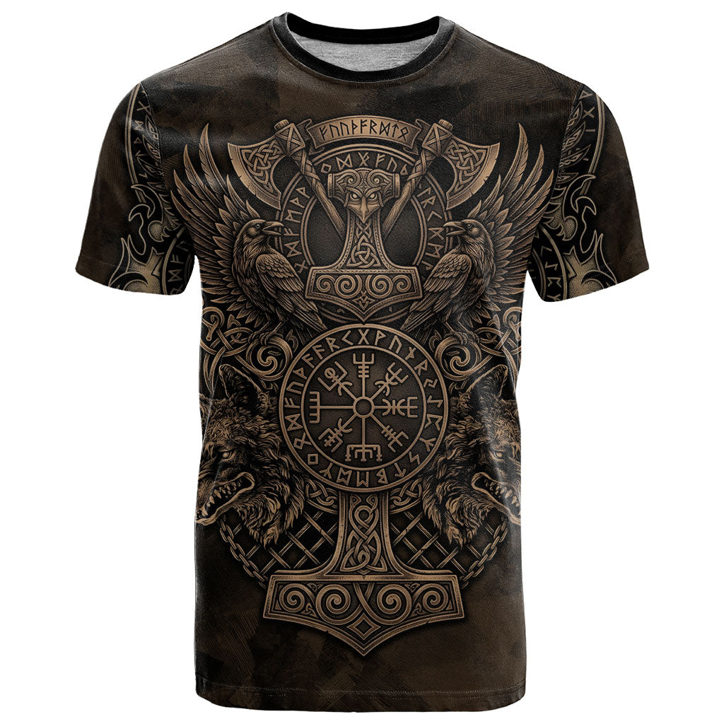 Viking Raven Wolf Vegvisir T Shirt Nordic Runic Engraving Style