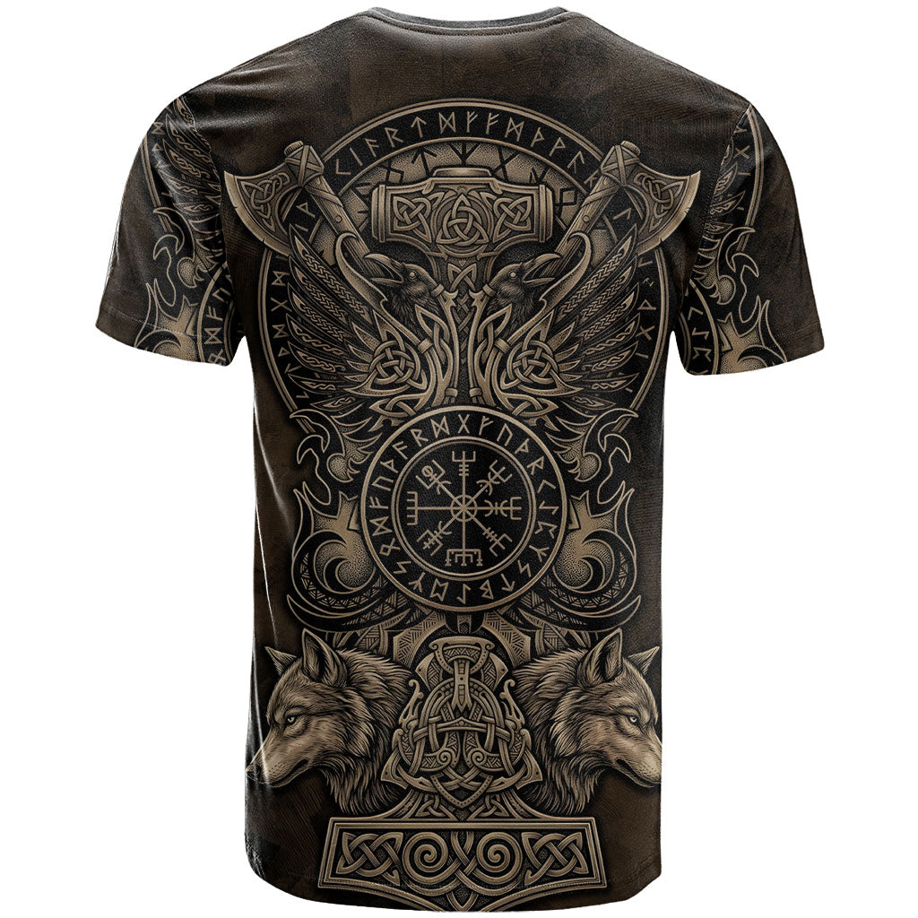 Viking Raven Wolf Vegvisir T Shirt Nordic Runic Engraving Style