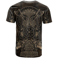 Viking Raven Wolf Vegvisir T Shirt Nordic Runic Engraving Style