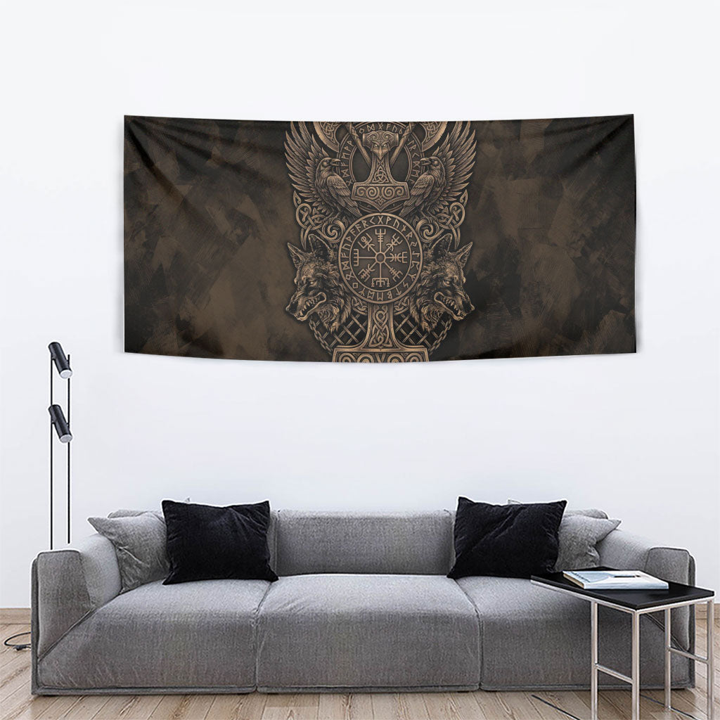 Viking Raven Wolf Vegvisir Tapestry Nordic Runic Engraving Style