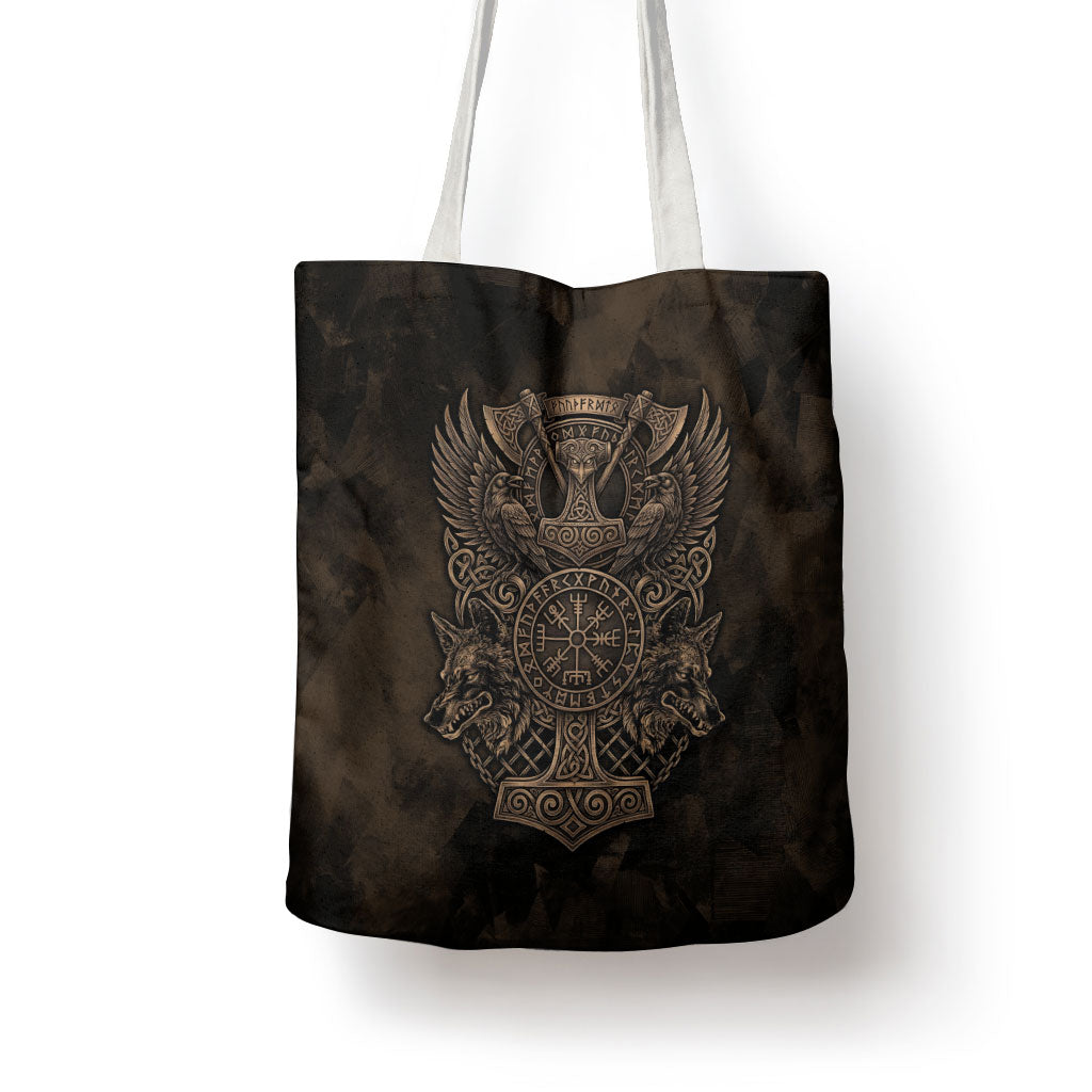 Viking Raven Wolf Vegvisir Tote Bag Nordic Runic Engraving Style
